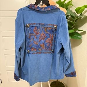 NWT Susan Graver Blue Western Utility Suede Jacket with Floral Tapestry Details